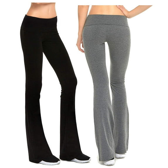 Gilbins Womens Fold Over Waistband Stretchy Cotton Blend Yoga Pants with A Wide Flare Leg 2 Pack