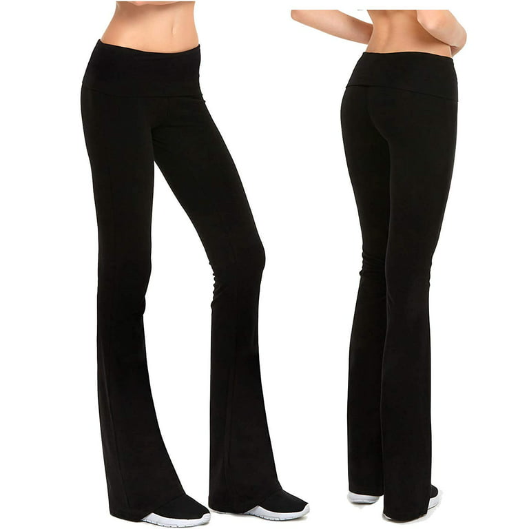 Gilbins Womens Fold Over Waistband Stretchy Cotton Blend Yoga Pants with A  Wide Flare Leg 2 Pack 