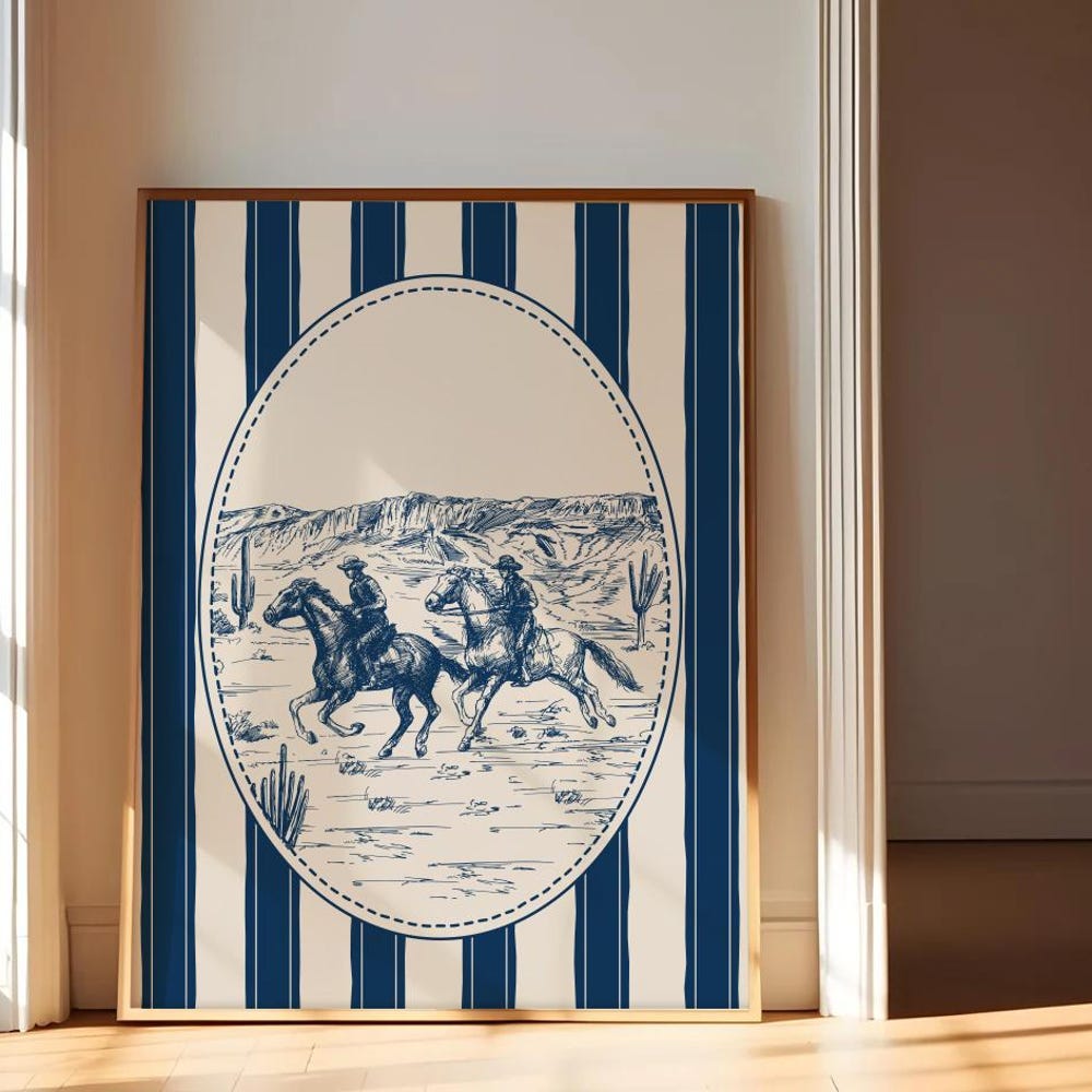 Gild Leaf Blue Art Vintage Drawing Western Print Cowboy Wall Art Trendy ...