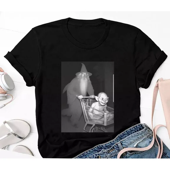 Gild Leaf Gandalf Pushing Gollum In Shopping Cart T-Shirt, Size S-5XL T-Shirt, Graphic Tee, Casual Wear