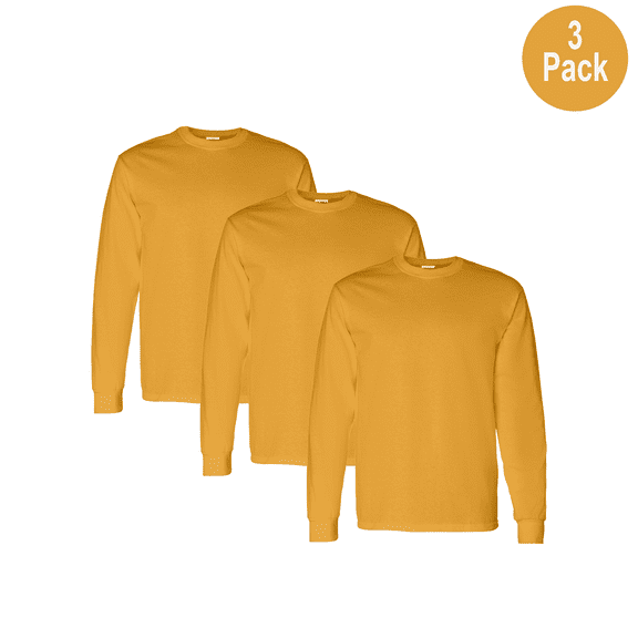 Gilda Men's Heavy Cotton Long Sleeve T-Shirt, Crew Neck Classic Fit Bulk Tee, Gold, Size L, 3 Pack