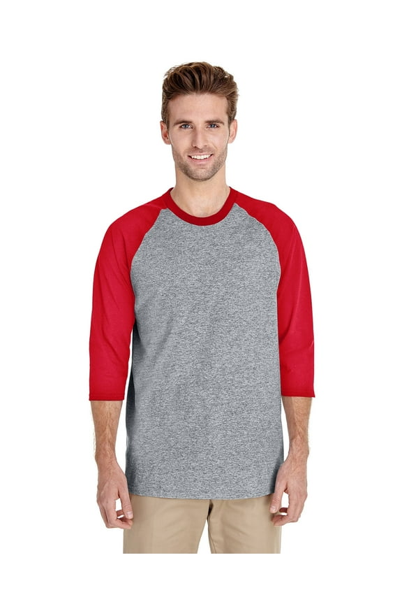 Raglan Three-Quarter Sleeve T-Shirt for Men’s GR57 Heavy Cotton Crew Neck Tee Sport Grey/ Red, M
