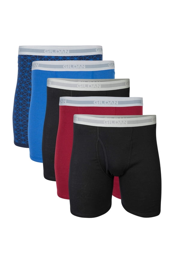 Men's Regular Leg Boxer Briefs, 5-Pack, Black/Red/Blue/Navy, Medium
