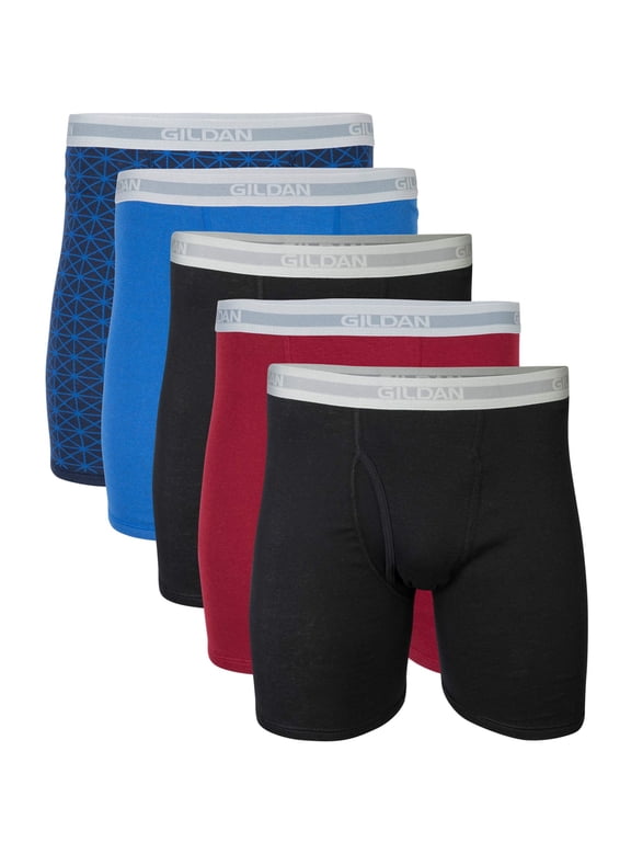Men's Regular Leg Boxer Briefs, 5-Pack, Black/Red/Blue/Navy, Large