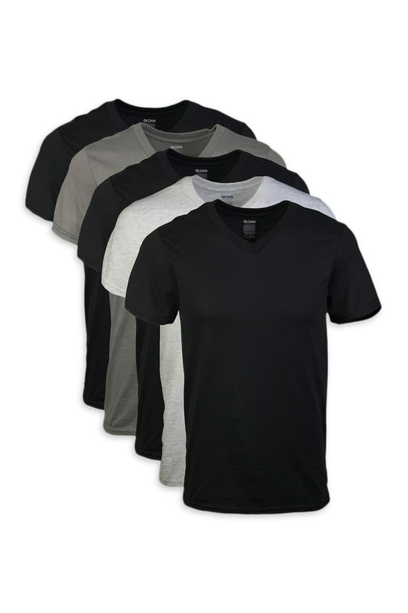 Men's V-Neck T-Shirts, 5-Pack, Black/White/Charcoal, X-Large