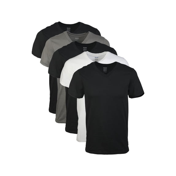 Gildan Men's Short Sleeve V-neck T-Shirts Assorted Color T-shirt up to 2XL, 5-pack, Black, Sport Grey, Charcoal, Military Green, Medium