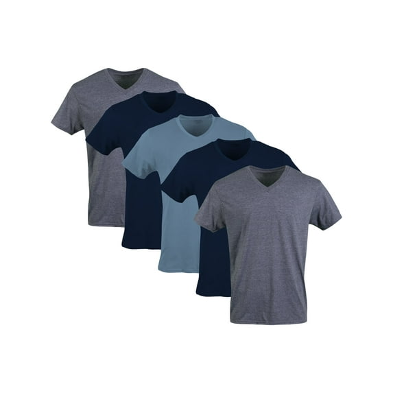 Gildan Men's Short Sleeve V-neck T-Shirts Assorted Color T-shirt up to 2XL, 5-pack, Navy, Heather Navy, Indigo Blue, Large