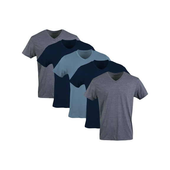 Gildan Men's Short Sleeve V-neck T-Shirts Assorted Color T-shirt up to 2XL, 5-pack, Navy, Heather Navy, Indigo Blue, 2X-Large