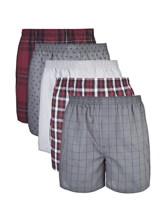 Men's Woven Boxer Underwear, 5-Pack, Red/Grey, Xlarge