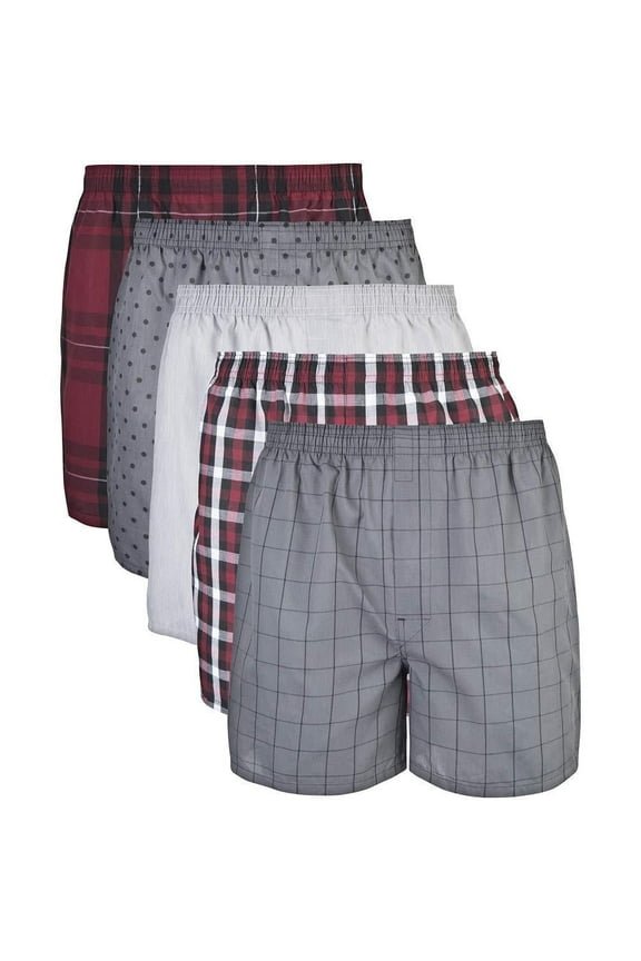Men's Woven Boxer Underwear, 5-Pack, Red/Grey, Large
