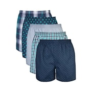 Gildan Men's Woven Boxer Underwear, 5-Pack, Navy/Green Multi Check, Caribbean Chambray, Blue/Green Plaid, Kelly Green Polka Dot, Navy Caribbean Blue Checkers, Large