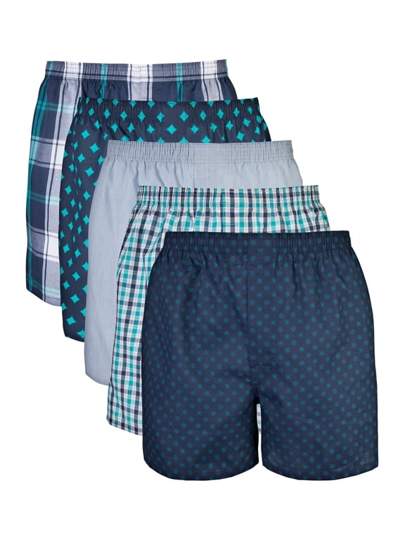 Men's Woven Boxer Underwear, 5-Pack, Navy/Green Multi Check, Caribbean Chambray, Blue/Green Plaid, Kelly Green Polka Dot, Navy Caribbean Blue Checkers, Medium