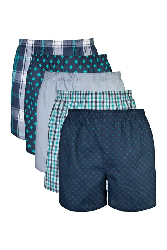 Men's Woven Boxer Underwear, 5-Pack, Navy/Green Multi Check, Caribbean Chambray, Blue/Green Plaid, Kelly Green Polka Dot, Navy Caribbean Blue Checkers, Medium