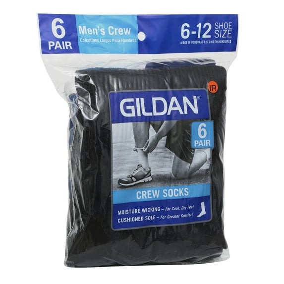 Gildan Adult Platinum Men's 6 Pack Moisture Wicking Crew Socks Black 10-13