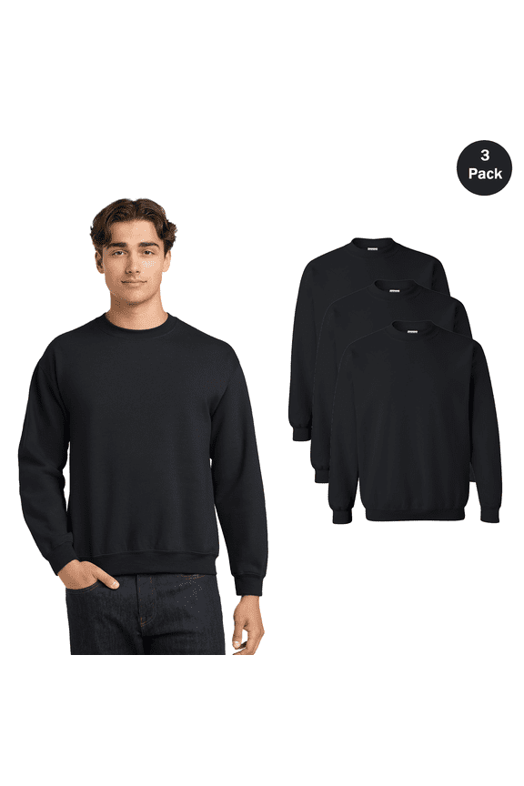Adult’s Heavy Blend Crewneck Sweatshirt, Long Sleeve Classic Fit Black Tee, 3 Pack, Size S