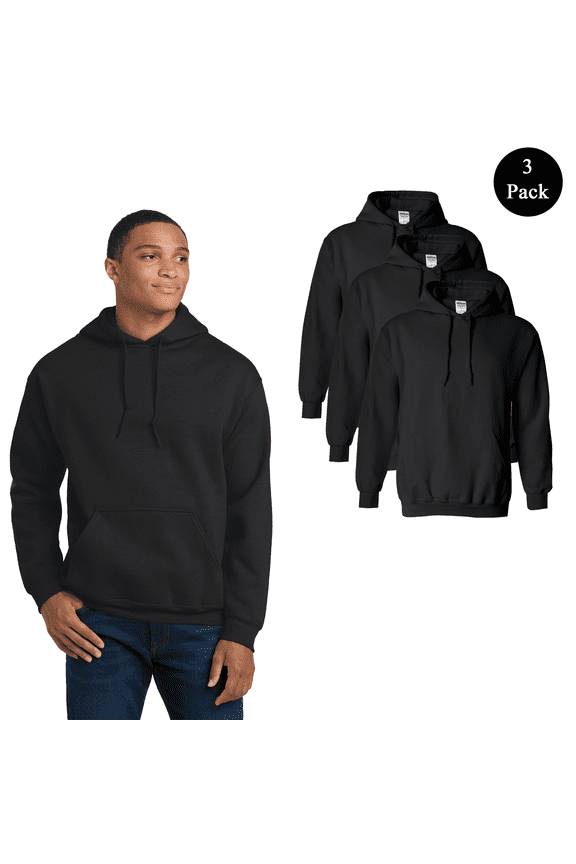 Adult’s Heavy Blend Hooded Sweatshirt, Black Casual Pullover Hoodie, Bulk 3 Pack, L