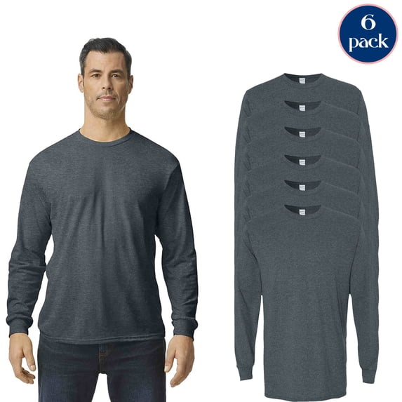 Gildan Adult’s Heavy Cotton Long Sleeve Crewneck Dark Heather T-Shirt, Bulk Pack of 6, S
