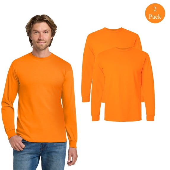 Gildan Adult’s Hi Vis Ultra Cotton Long Sleeve T-Shirt, Safety Orange Work Tee, 2 Pack, 2XL