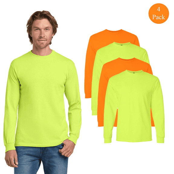 Gildan Adult’s High Visibility Ultra Cotton Safety T-Shirt, Long Sleeve Workwear Casual tee, Multicolor, 4 Pack, S