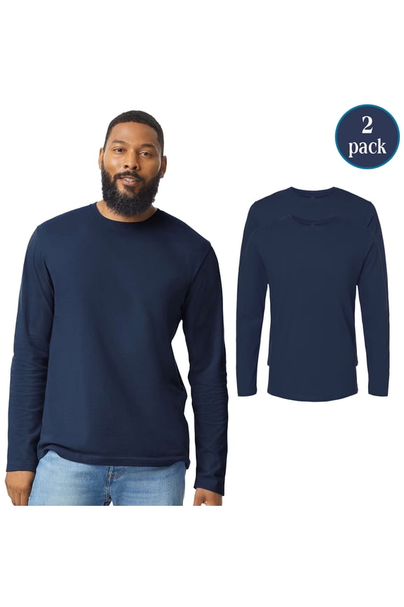 Adult’s Softstyle Long Sleeve T-Shirt, Rib Collar Casual Navy Tee, 2 Pack, S