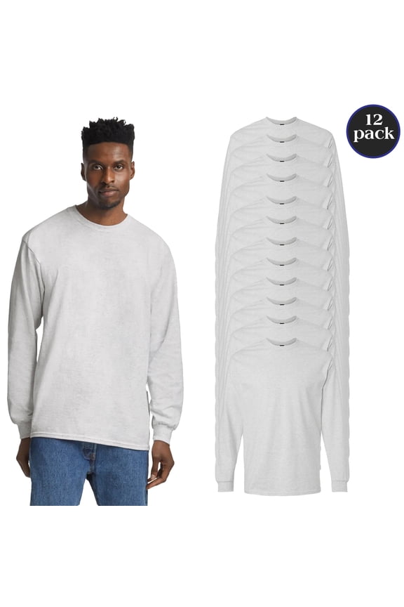 Adult’s Softstyle Long Sleeve T-Shirt, Side Seam Rib Collar Sport Grey Tee, 4 Pack, M