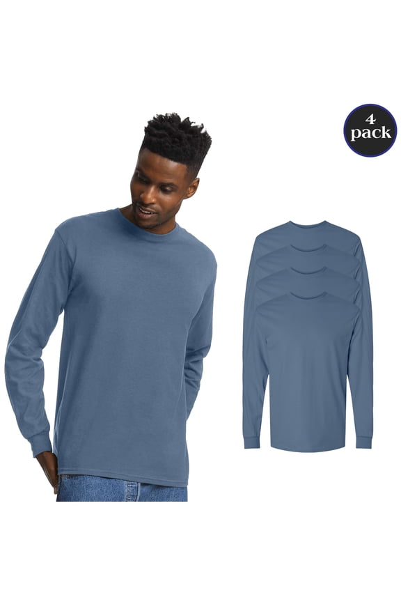 Adult’s Ultra Cotton Blend Long Sleeve 4 Pack Rib Collar Indigo Blue T-Shirt, S