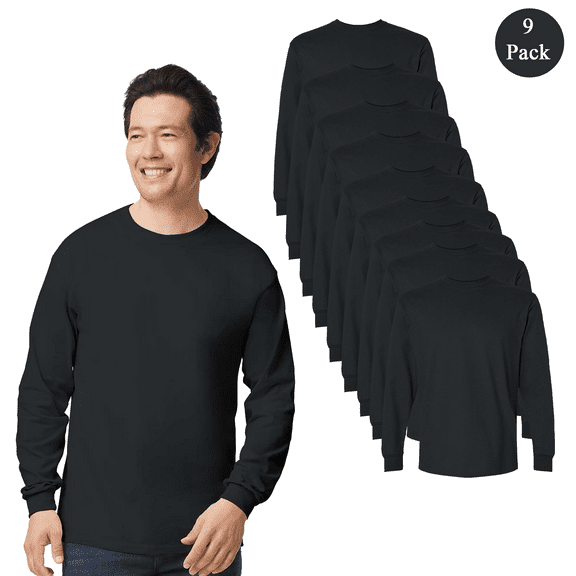 Gildan Adult’s Ultra Cotton Long Sleeve T-Shirt, Black Ribbed Collar Tee, Bulk Pack of 9, M