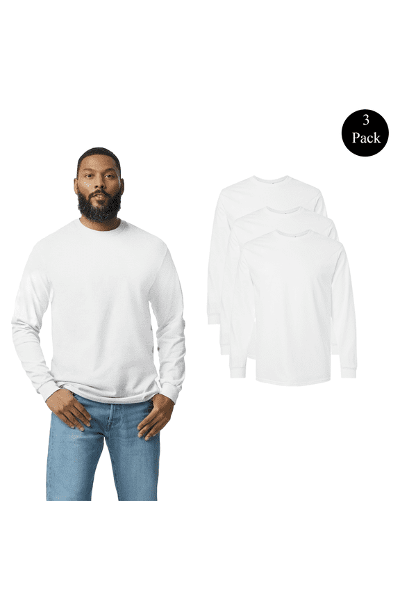 Adult’s Ultra Cotton Long Sleeve T-Shirt, Durable Ribbed Collar White Tee, Bulk 3 Pack, 5XL