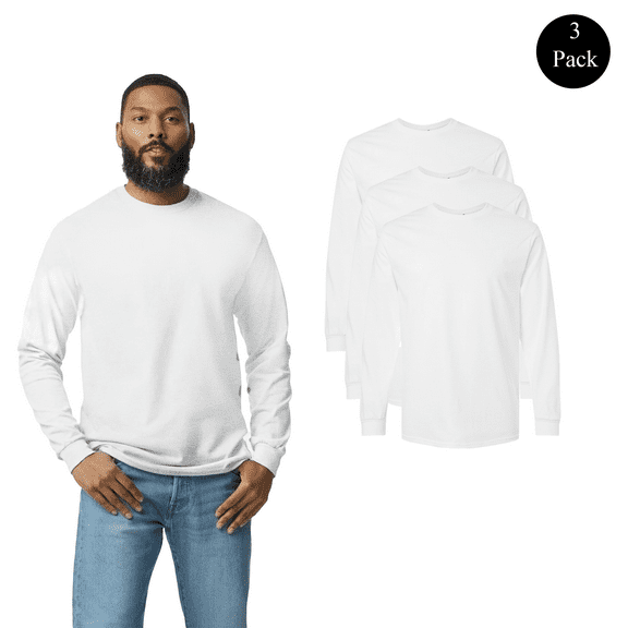 Gildan Adult’s Ultra Cotton Long Sleeve T-Shirt, Durable Ribbed Collar White Tee, Bulk 3 Pack, L
