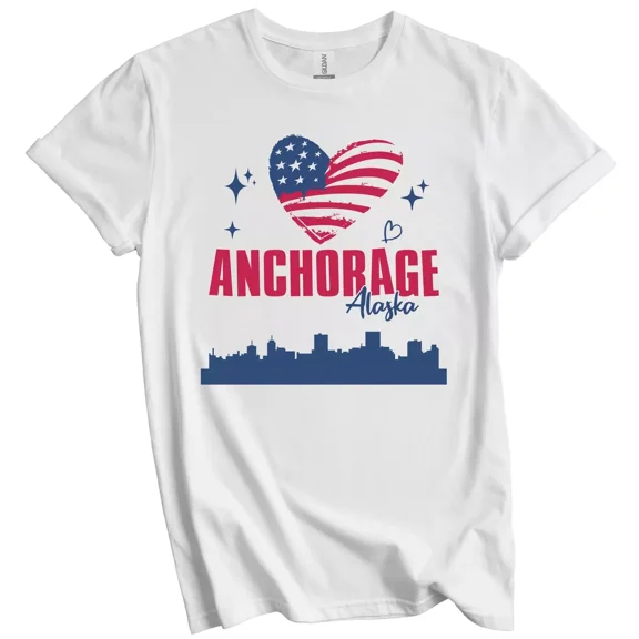 Gildan Anchorage Alaska Skyline American Flag Heart 4th of July T-Shirt Gift for Men Women Unisex Tee
