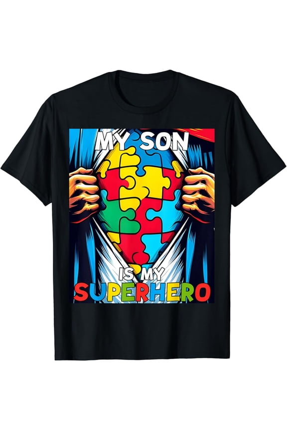 Autism Awareness My Son Is My Hero Superhero Puzzle Costume T-Shirt