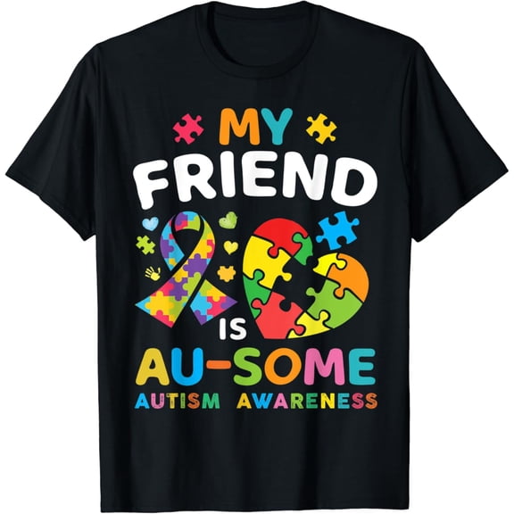 Gildan Autistic My Friend is Awesome Autism Awareness Blue Month T-Shirt Gift for Men Women Unisex Tee