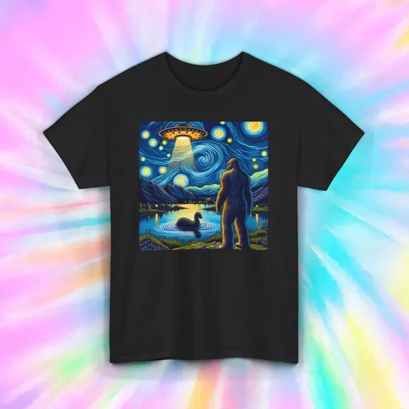 Gildan Bigfoot Ufo Starry Night Shirt Alien Abduction Sasquatch Tee Cryptid Lover Unisex Tee