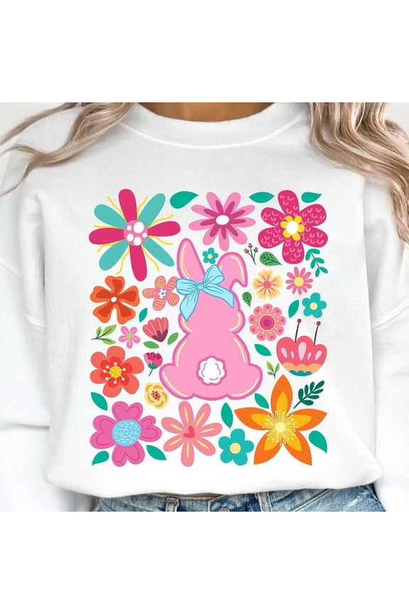 Boho Easter Bunny T-shirt, Happy Easter T-shirt, Floral Spring T-shirt, Easter Coquette Bow, Girls Easter Shirt Design, Pink Easter Rabbit Sublimation