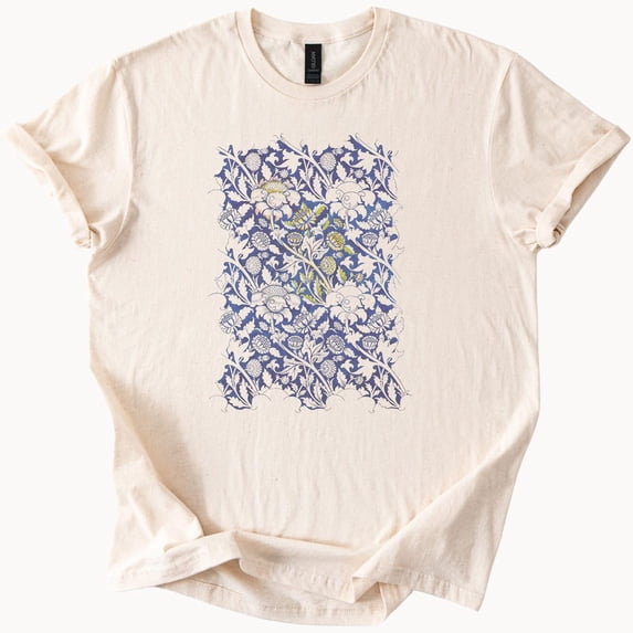 Gildan Botanical Garden Shirt With Blue And White Floral Block Print, Nature-Inspired Graphic Tee For Floral Art Enthusiasts, S-5XL Shirt