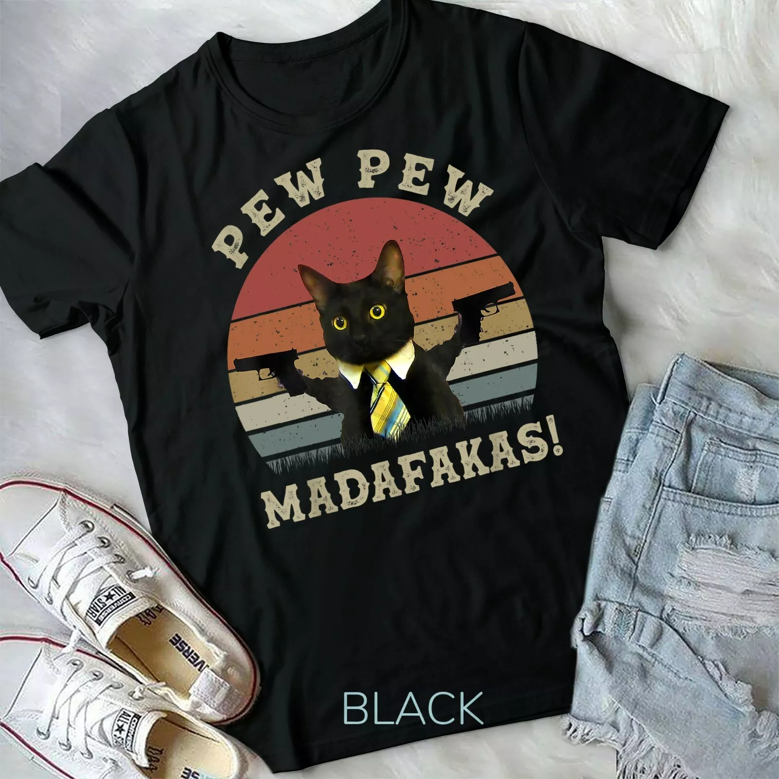 S GR8Shop Vintage Pew Pew Madafakas Motherfuckers Cat With Guns Camisa De Camiseta Gato