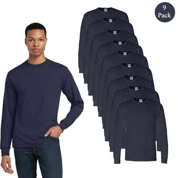 Gildan Classic Fit Long Sleeve T-Shirt for Men, 9 Pack Crew Neck Rib Collar Navy Tee, L