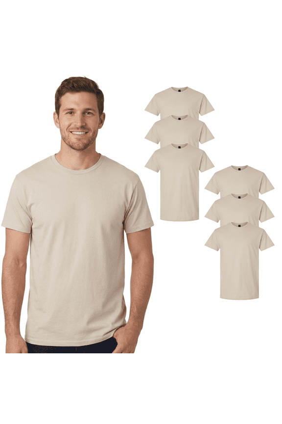 Classic Fit Men's Sand T-Shirt, Light Cotton 6 Pack Short Sleeve Crewneck Bulk Tee, XL