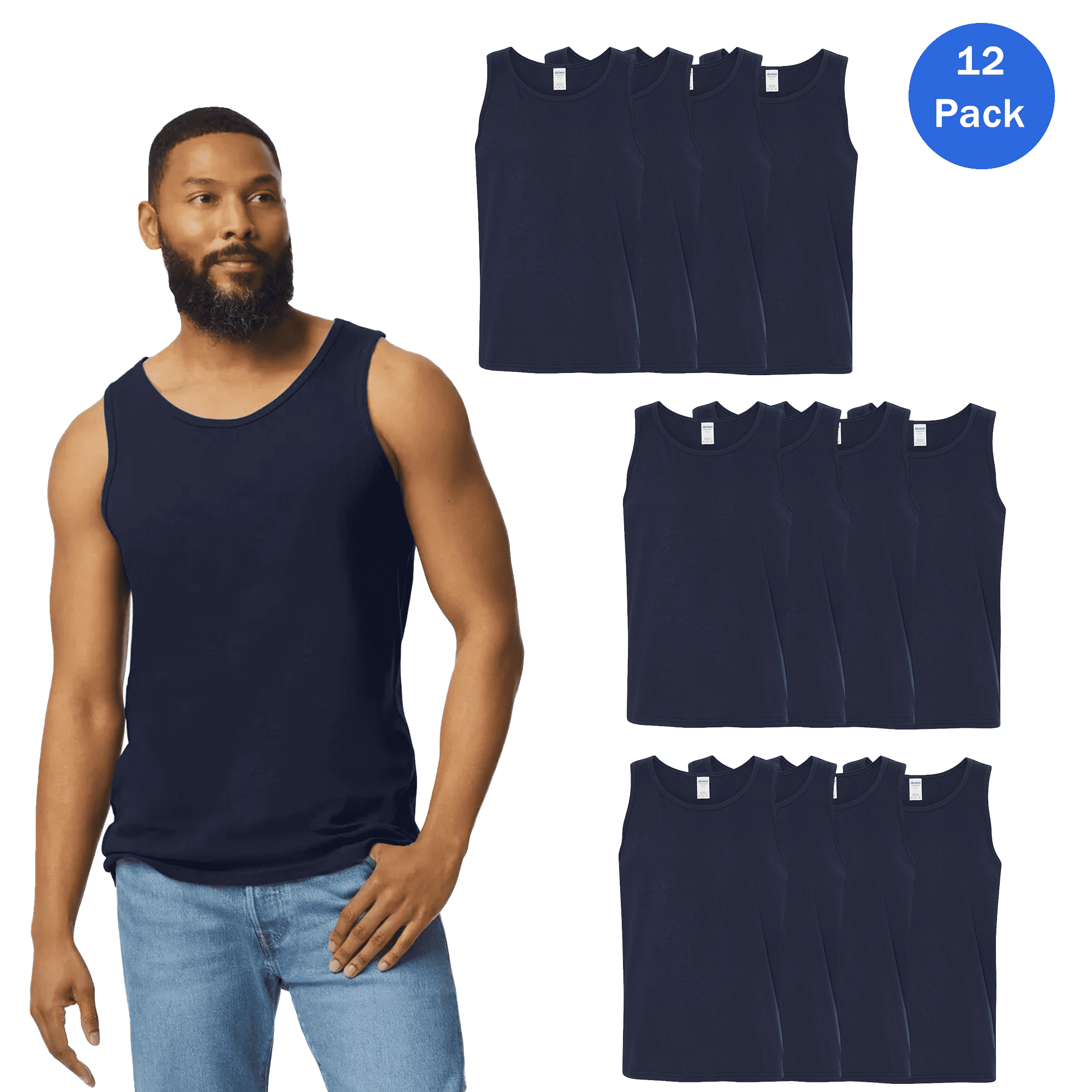 Gildan Cotton Tank Top, Navy Sleeveless T Shirts for Men 12 Pack