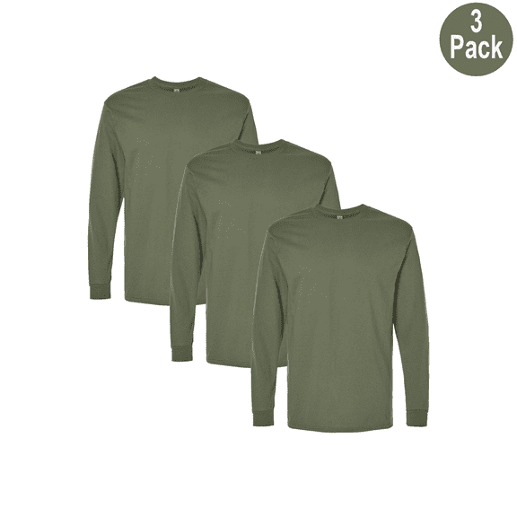 Gildan Crew Neck Heavy Cotton T-Shirt, Men's Long Sleeve Comfortable Military Green Tee, S, 3 Pack