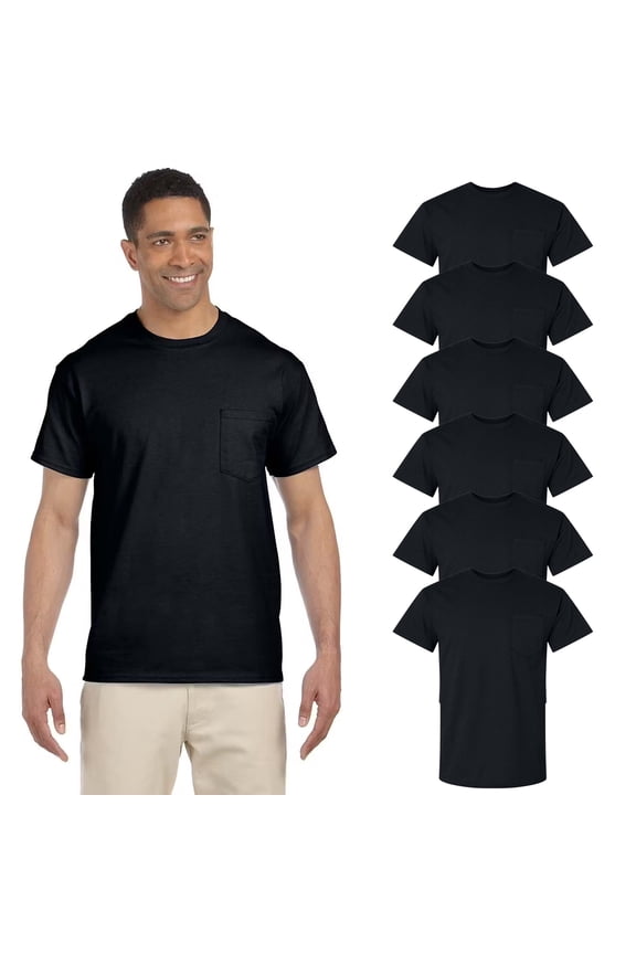 Crew Neck Pocket Tee, Men Short Sleeve Cotton T-Shirt, Black Color Bulk, 6-Pack, Sizes S-5XL