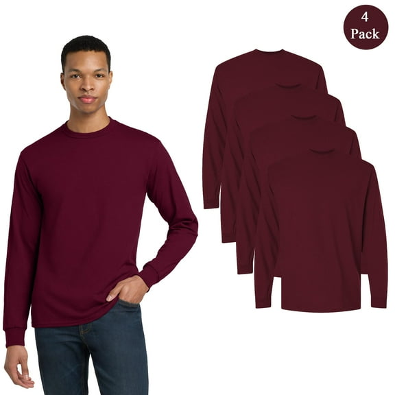 Gildan DryBlend 50/50 Long Sleeve T-Shirt, 4-Pack, Men's Taped Neck Classic Fit Maroon Color Tee, S