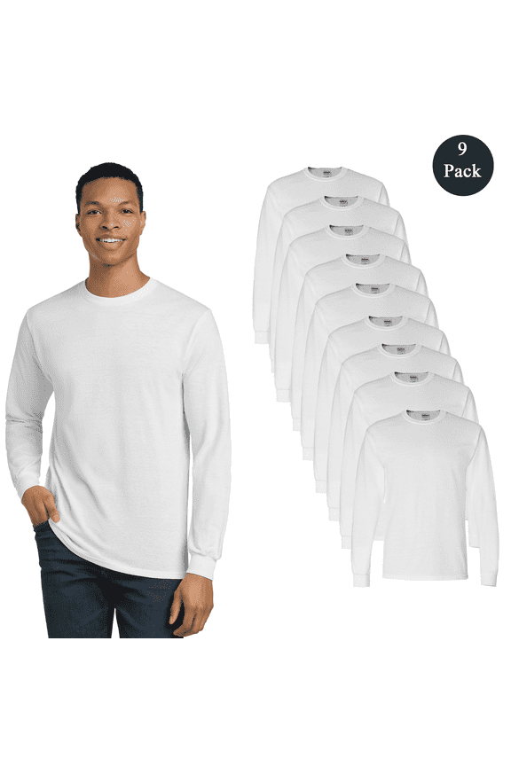 DryBlend 50/50 Long Sleeve T-Shirt, Men's Crew Neck Classic Fit Bulk Tee, White, 9-Pack, 3XL
