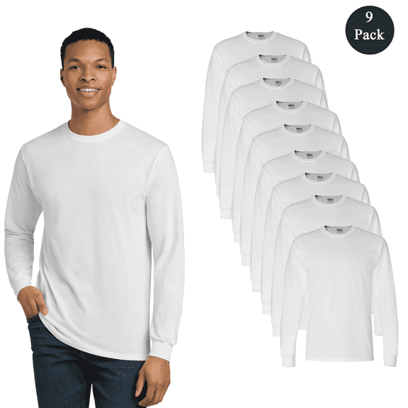 Gildan DryBlend 50/50 Long Sleeve T-Shirt, Men's Crew Neck Classic Fit Bulk Tee, White, 9-Pack, XL