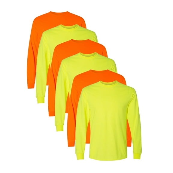 Gildan - DryBlend Long Sleeve Safety Green T-Shirt, Fleece High Visibility Lightweight Workwear, Security Vest Tee, Hi-Vis 5.5 oz, Size: L, Pack-6