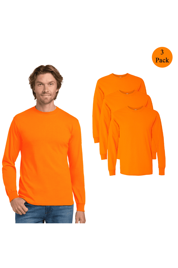 Safety Orange Long Sleeve T-Shirt, Men's High Visibility Shirts, 3-Pack Safety Tee, M