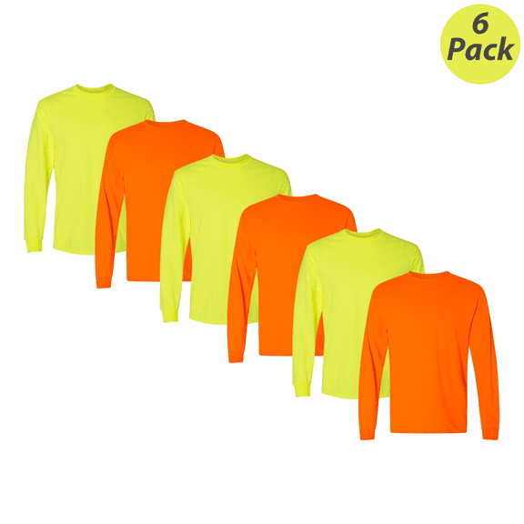 Gildan DryBlend Men's Long Sleeve Hi-Vis Work T-Shirt, Safety Green and Orange, 6-Pack, S