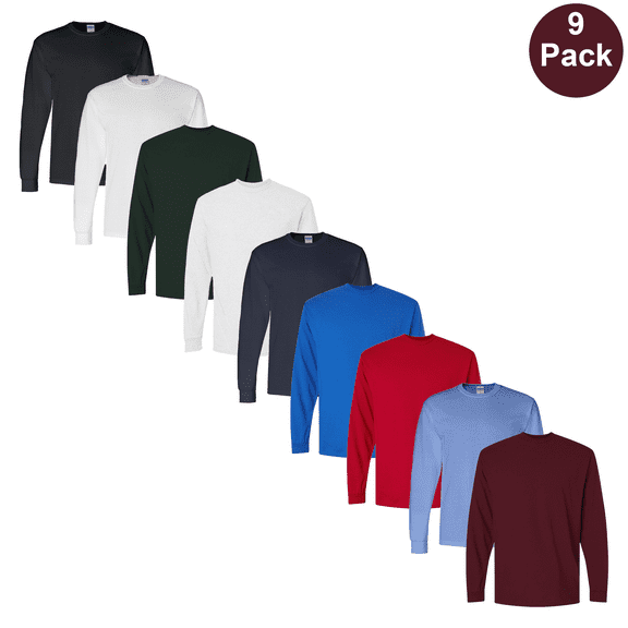 Gildan DryBlend Men's Long Sleeve T-Shirt, Crew Neck Mix Color Tee, Cotton and Poly, 9 Pack, S