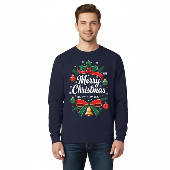 Gildan Merry Christmas Sweatshirt, Men's Navy Graphic Print Crewneck Fleece Christmas Top, S