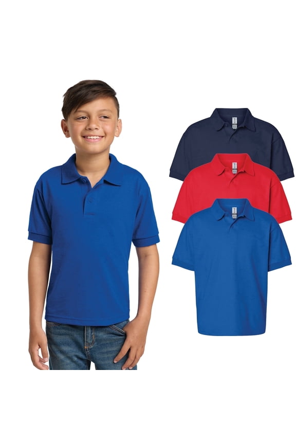 Dryblend Short Sleeve Youth Jersey Polo, Collared Assorted Mix Color Bulk T-Shirt, L, Pack 3